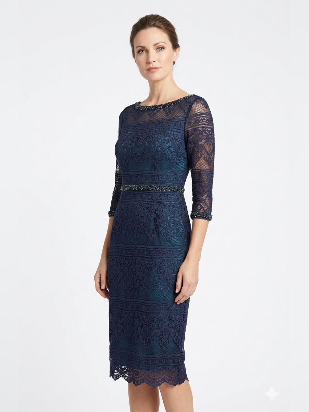 Social Occasions by Mon Cheri Navy Lace Midi Dress Beaded Wedding Guest Size 12